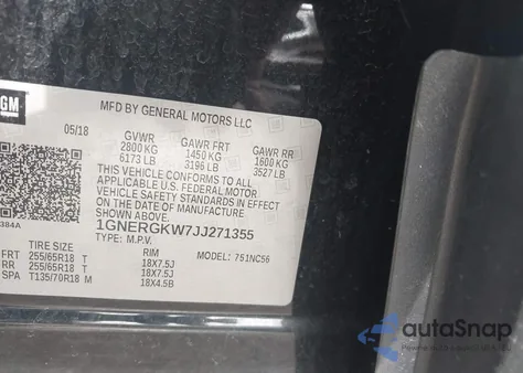 2018 Chevrolet Traverse 1Lt из США, поврежденный, VIN 1GNERGKW7JJ271355